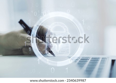 Creative idea concept with lock symbol and microcircuit illustration and hand writing in notebook on background with laptop. Protection and firewall concept. Multiexposure
