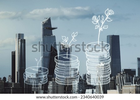 Virtual cash savings illustration on New York city skyline background. Retirement savings and capital increase concept. Multiexposure