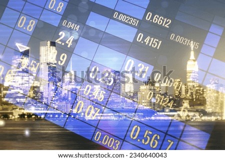 Double exposure of abstract creative statistics data hologram on New York city office buildings background, analytics and forecasting concept