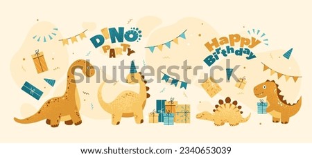 Funny dinosaurs, gift boxes, confetti, flags. Isolated vector illustration for baby shower, birthday, nursery decoration, children's party, textiles, wallpaper and packaging