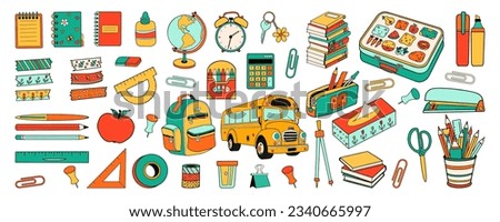 Big set of school stationery supplies. Back to school education cartoon collection in doodle retro style. Bold bright bag, bus, book, globe. Vector illustration isolated on white background. Royalty-Free Stock Photo #2340665997