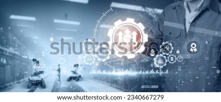 Using automation process to increase productivity. Industrial management in efficiency and efficient process with robotic process automation (RPA). 3D rendering AI robot in factory automation. Royalty-Free Stock Photo #2340667279