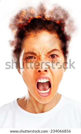 Faces series: young Asian woman with her hair on fire screaming angrily.