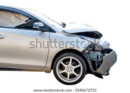 Front and side of white car get damaged by accident on the road. damaged cars after collision. isolated on white background with clipping path, car crash bumper on the road for graphic design element
