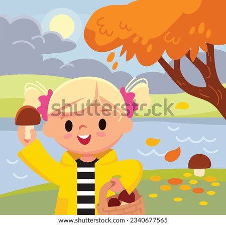 Picture with season of the year. Girl spares time outside. Landscape with tree and river. Autumn background.
