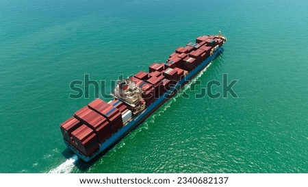 cargo container ship sailing full speed in sea to import export goods and distributing products to dealer and consumers worldwide, by container ship Transport business delivery service, aerial view 