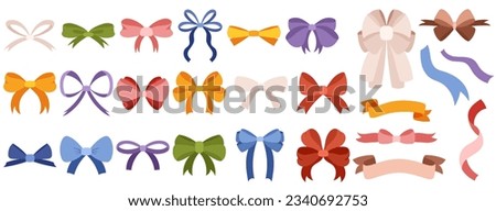 Simple hand drawn ribbon bow collection. Bowknot for decoration, big set of bowtie
