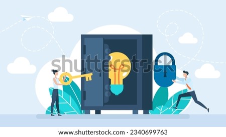 Protection your idea. Copyright, intellectual property. Legislation, private property. The metaphor of a bulb in a safe. Business people and Idea In Safe. Business Concept. Flat vector illustration Royalty-Free Stock Photo #2340699763