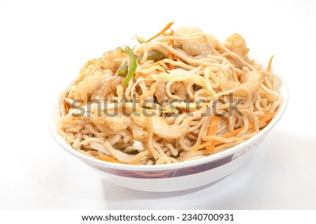 Seafood noodles. Is a popular Chinese-Japanese delicacy all over Japanese. Arabic, Chinese cuisine pictures, isolated on White background.