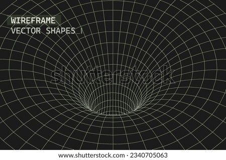 Geometry wireframe 3D tunnel, wormhol or portal on dark background. ci-fi digital illustration of portal though time and space. 3D polygonal wireframe. Y2K Cyberpunk elements in trendy psychedelic rav