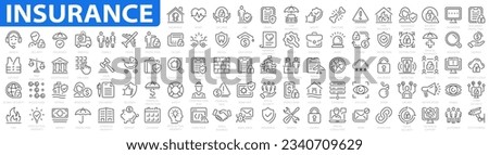 Insurance icon set. Assurance icons. Halthcare medical, life, car, home, travel insurance, safe, wounded, drown, repair. Vector illustration. Royalty-Free Stock Photo #2340709629