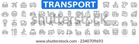 Transport icon set. Air, Auto, Moto, Railway Transport icons. Car, bike, plane, train, bicycle, motorbike, bus, scooter, tram, train, metro and more. Vector Illustration Royalty-Free Stock Photo #2340709693