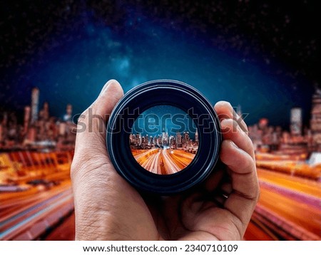 Camera lens on capital Advertise Flyer Media Website News Royalty-Free Stock Photo #2340710109