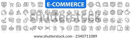 E-commerce icon set. Shopping icons. E-commerce, online shopping, delivery, store, marketing, money, marketplace. Vector illustration. Royalty-Free Stock Photo #2340711089