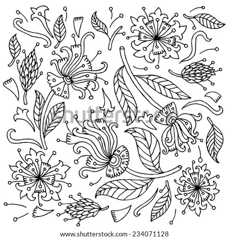 Doodle hand drawn flowers set. Vector illustration.