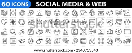 Social Media 60 icon set. Media, Digital marketing, Management, Message, Online community, website, blog, content, business marketing and social network icons. Vector illustration. Royalty-Free Stock Photo #2340713543