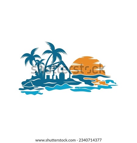 Minimalist icon sunset beach house logo design template Royalty-Free Stock Photo #2340714377