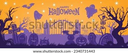 Halloween graveyard fence silhouette background, vector spooky cartoon cemetery landscape, pumpkin. Horror tree tombstone gate, cute flying ghost creepy skeleton monster. Halloween graveyard panorama 