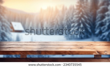 The empty wooden brown table top with blur background of home room in winter. Exuberant image.