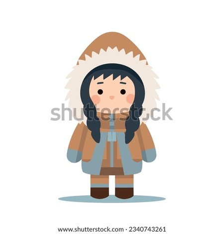 Cute eskimo girl in traditional snow fur coat. Chukchi girl in flat style isolated on white background. Vector stock Royalty-Free Stock Photo #2340743261
