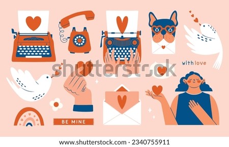 Love mail set. Cute cliparts for Valentine's Day card, planner sticker, notes. Modern colorful illustration with vintage typewriter, phone, women holding heart, dove, birdie, letter, french bulldog.	
