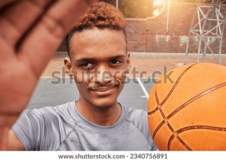 African man, basketball player and portrait selfie on court for social media, fitness blog or training match vlog. Face, pov or athlete with ball for exercise, workout and sports photography in games
