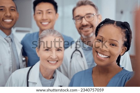 Doctors, diversity and selfie with healthcare, smile and memory with teamwork, social media and collaboration. Portrait, staff or profile picture with happiness, medical professionals and happy group