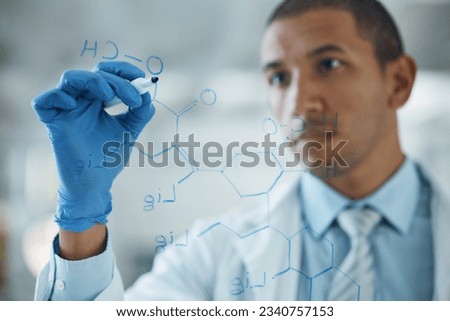 Scientist man, thinking and writing on glass, formula and study for chemical compound, engineer or idea. Science, research and brainstorming at board, mathematics and molecules for development in lab Royalty-Free Stock Photo #2340757153