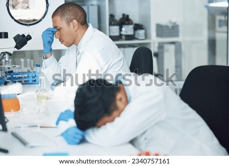 Science, sleeping man and lab scientist burnout, mental health anxiety or depressed over crisis, fatigue or test fail. Laboratory, pain and person tired after research, overworked or overwhelmed