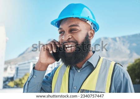 Man, construction and worker with phone call in city for civil engineering, building site and industry. Face of happy african male architect, manager or talking on smartphone for property development Royalty-Free Stock Photo #2340757447