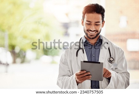 Asian man, doctor and tablet with smile in hospital for planning, research and consulting on blurred background. Clinic, schedule and Japanese male health expert on app for Telehealth, help or advice Royalty-Free Stock Photo #2340757505