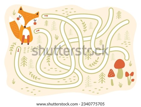 Kids labyrinth maze  game, help cartoon fox to find mushrooms. Game for kids. Vector illustrations Royalty-Free Stock Photo #2340775705