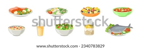 Oatmeal Jar, Salad Bowl, Soup, Fish, Juice and Porridge as Tasty Meal Vector Set Royalty-Free Stock Photo #2340783829