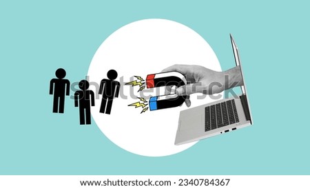Customer retention and Inbound marketing. Business creativity. Collage with laptop and hand with magnette Royalty-Free Stock Photo #2340784367