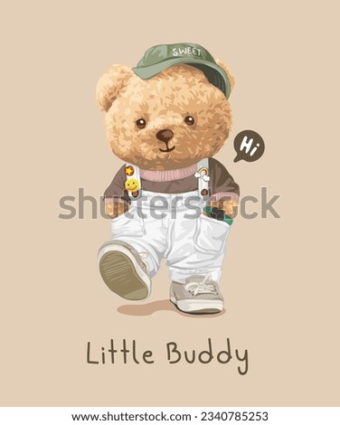 little buddy slogan with cute bear doll in white overall vector illustration Royalty-Free Stock Photo #2340785253