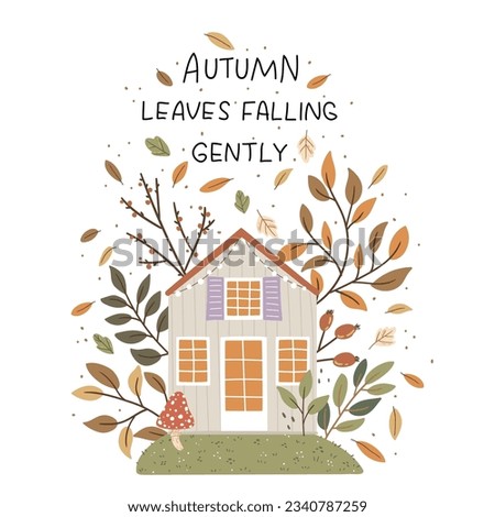 Vector illustration with house, autumn leaves and pumpkins. Composition for a poster or postcard. Royalty-Free Stock Photo #2340787259