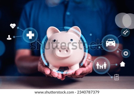 financial, banking, finance, investment, currency, profit, money, wealth, invest, investing. hold a piggy banking around that's has investment icon and insurance asset icon show. invest and finance.
