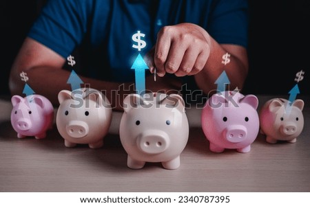financial, banking, finance, investment, currency, profit, money, wealth, invest, investing. inserting coin into piggy bank with dollar icon signifying financial growth and savings. piggy banking.
