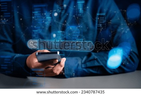 Search engine data document content management system and online file, Data search and social communication concepts. Businessman using smartphone seaching information online. 