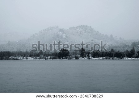 Patagonia winter landscape. Long exposure shot of the Andes mountains, forest and Alumine lake, with an early morning fog. Royalty-Free Stock Photo #2340788329