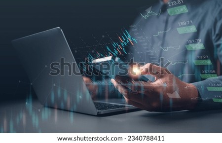 investment, graph, finance, financial, investing, technology, buy, sell, price, business. view at smartphone to check my position investment via indicator and experience. invest has risk, pls careful Royalty-Free Stock Photo #2340788411
