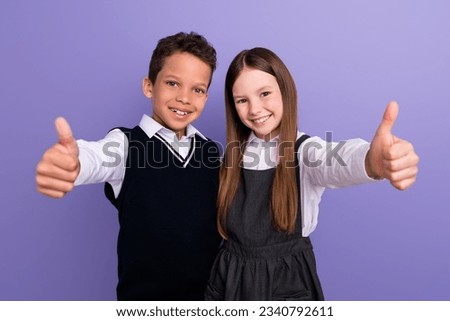 Photo of best buddies schoolkids make thumb up symbol advertise academic courses isolated purple color background