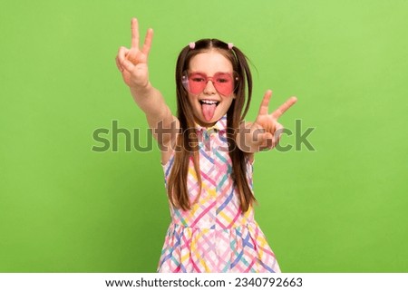Photo of excited overjoyed schoolchild hands fingers demonstrate v-sign stick tongue out isolated on green color background