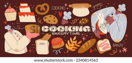 Retro stickers characters  bakers from the 90s cooking. Cartoon vintage style, groovy illustration of a bakery, coffee house, dough,buns croissants, cakes. Chef in the uniform baking bread Royalty-Free Stock Photo #2340814563