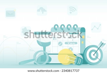 Elements of payment tax, income, time management, modify assignment, schedule plan, work task to achieve business success. Flat vector design illustration.