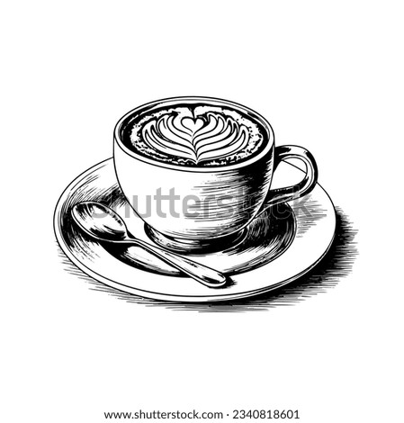 hand drawn cappuccino cup on a saucer, sketchfab, historical illustrations Royalty-Free Stock Photo #2340818601