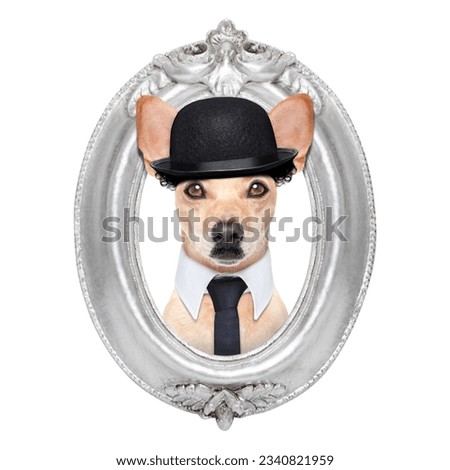 terrier dog portrait of charlie chaplin, within an old retro wooden frame , isolated on white background