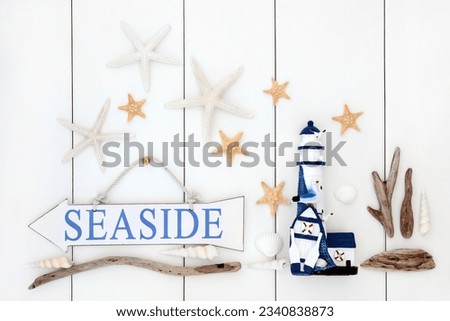 Seaside sign, starfish shells, driftwood and decorative lighthouse over wooden white background.