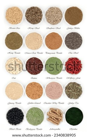 Body building powders and super health food in porcelain dishes over white background with titles.