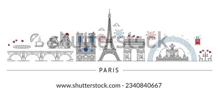 Paris silhouette and France travel landmarks in skyline, vector city architecture. France famous symbols and Paris buildings of Eiffel tower, Triumphal arch and Notre-Dame cathedral with baguette Royalty-Free Stock Photo #2340840667